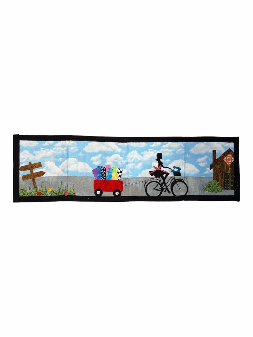 Table Runner- Blue Sky with Red Wagon “ Beach Retreat” bike silhouette @10x33in